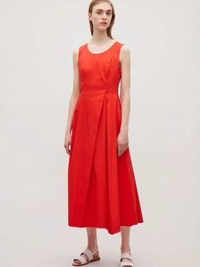 COS Red Structured A-Line Midi Dress Pleated Tailored Sleeveless Pocket Dress 10